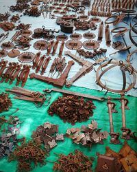 High angle view of various food on table