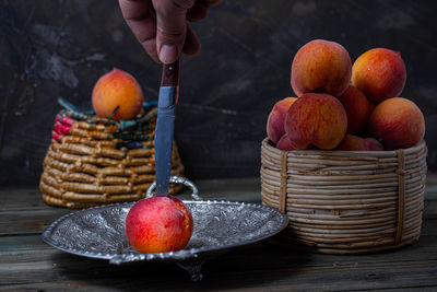 High angle view of apples in basket