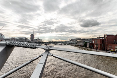 Bridge over river amidst buildings in city against sky