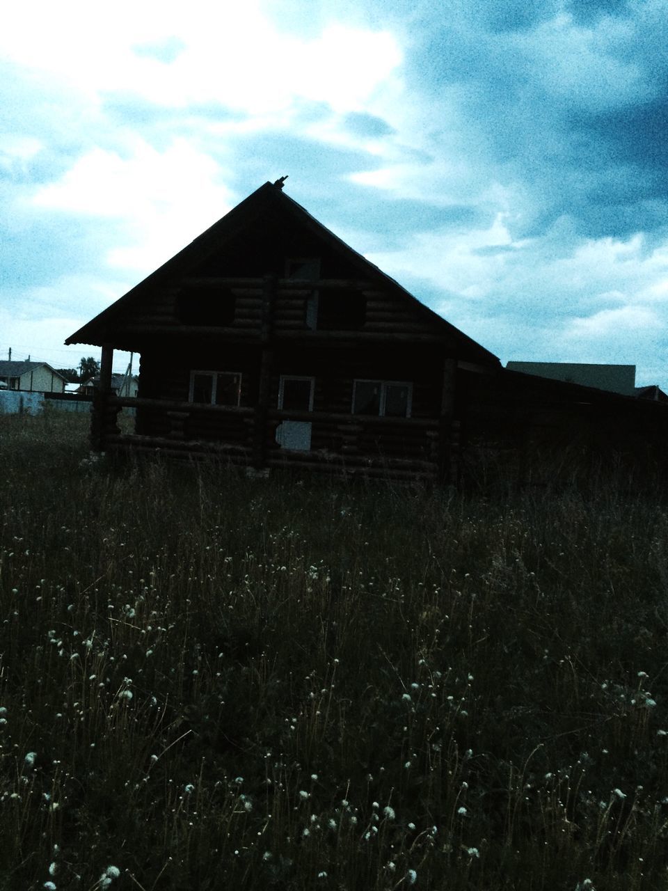 building exterior, architecture, sky, built structure, cloud - sky, house, cloud, cloudy, grass, field, window, residential structure, day, plant, nature, no people, outdoors, residential building, growth, low angle view