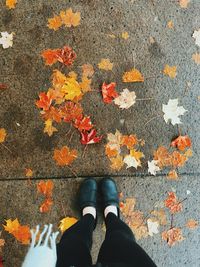 Low section of woman standing on footpath surrounded by maple leaves