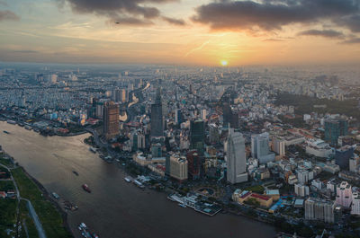Aerial view of downtown cityscape photo at sunset - ho chi minh city