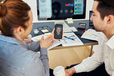 High angle view of man working at office