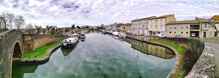 Panoramic view of canal against cloudy sky