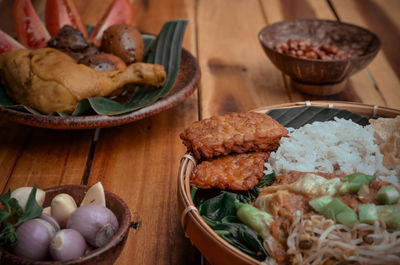 High angle view of food in plate on table