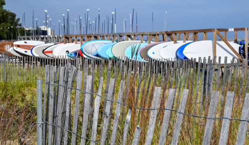 Colorful paddle boards on the beach