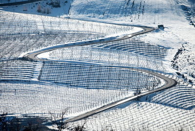 High angle view of tire tracks on road