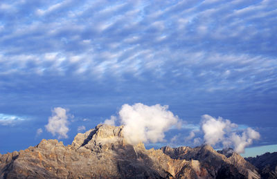 Low angle view of mountain against cloudy sky