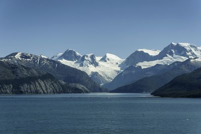 Scenic view of snowcapped mountains against clear sky