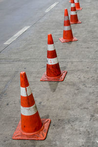 Traffic cones on street in city