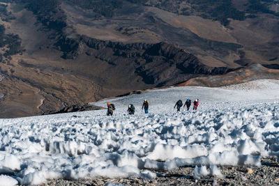 High angle view of people walking on field