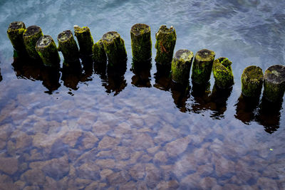 High angle view of rocks in lake