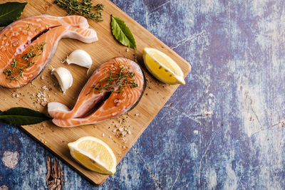 High angle view of fish on table