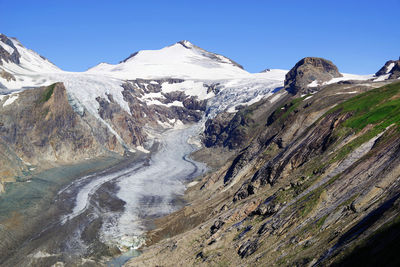 Scenic view of snowcapped mountains against clear blue sky