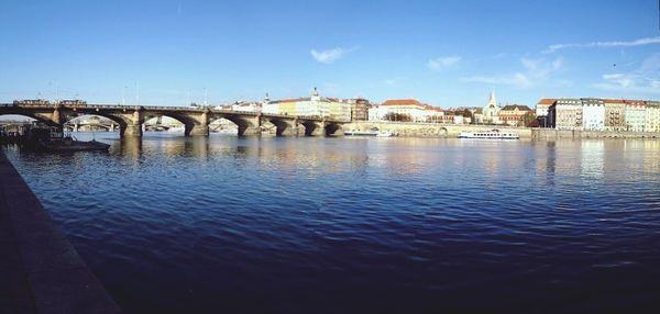 Bridge over river with buildings in background