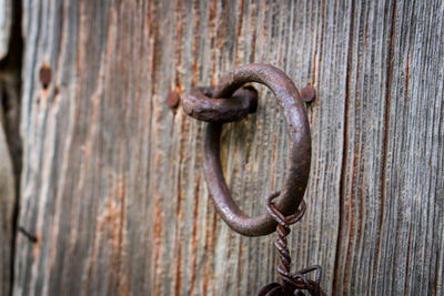 Close-up of padlock on wooden door