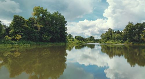 Reflection of trees and clouds on the surface of the lake