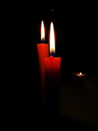 Close-up of illuminated candle against black background