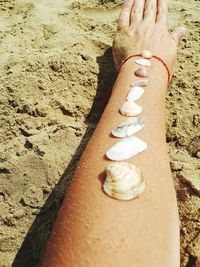 Low section of woman on sand at beach