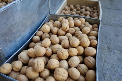 High angle view of nuts in container