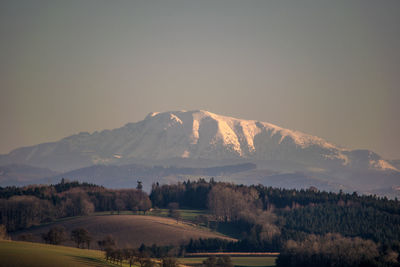 Scenic view of landscape against clear sky during sunset