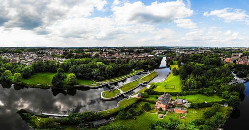 High angle view of buildings in city