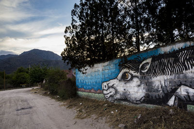 Graffiti on wall by mountain against sky