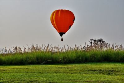 Hot air balloon flying over field against sky