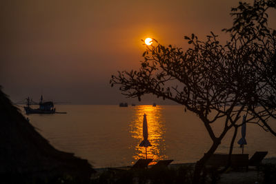 Silhouette tree by sea against sky during sunset