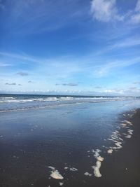 Scenic view of beach against blue sky