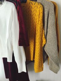 High angle view of clothes hanging on table