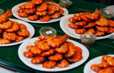 Close-up of seafood in plate for sale at market stall