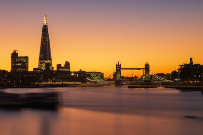 River in city against sky during sunset