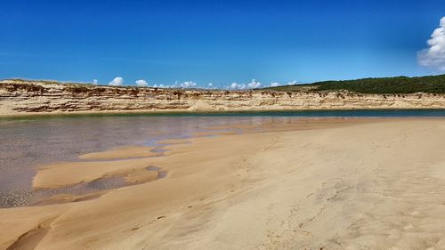 Scenic view of beach against clear blue sky