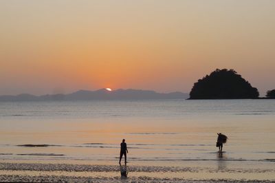 Silhouette people on beach against sky during sunset