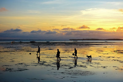 Silhouette people on beach against sky during sunset