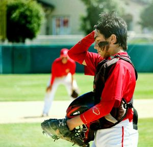 Side view of baseball player on field