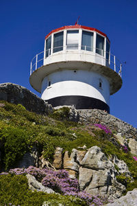 Low angle view of lighthouse against clear blue sky