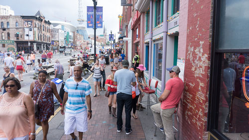 High angle view of people walking on street