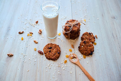 High angle view of breakfast on table