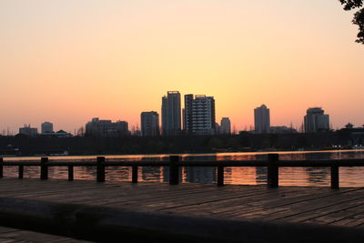 View of cityscape against clear sky during sunset