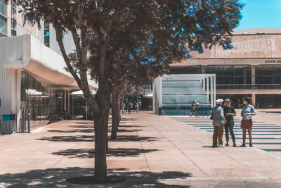 Rear view of people walking on street in city