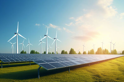 Solar panels on field against sky during sunset