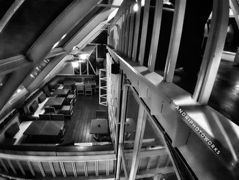 High angle view of escalator in illuminated building