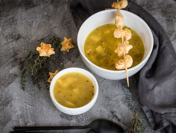 High angle view of soup in bowl on table