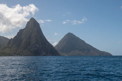 Scenic view of sea and mountains against sky