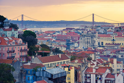 Lisbon panoramic view. colorful walls of the buildings of lisbon, with orange roofs 