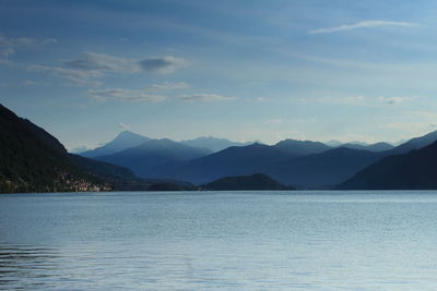 Scenic view of sea by mountains against sky