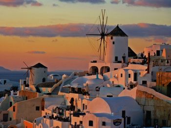 High angle shot of townscape at sunset