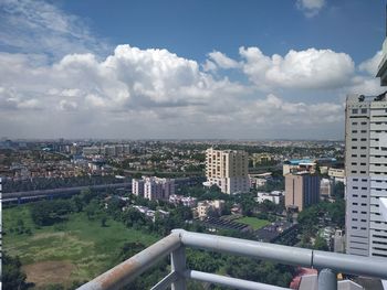 High angle view of buildings against sky